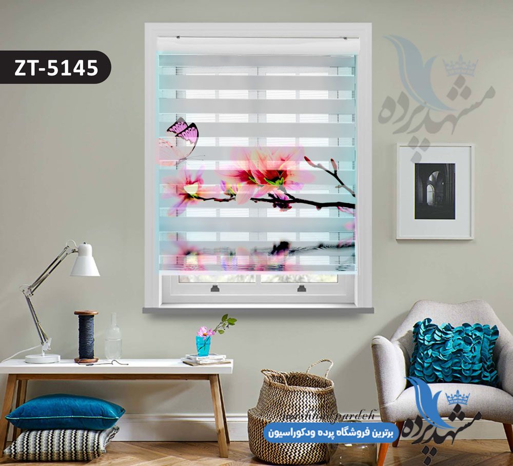 پرده زبرا تصویری چاپی طرح پروانه و شکوفه بهار کد ZT5145