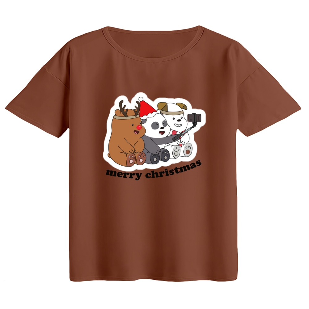 تی‌شرت  اورسایز آستین کوتاه زنانه مدل باکسی طرح خرس کریسمس کد 3 رنگ دارچینی