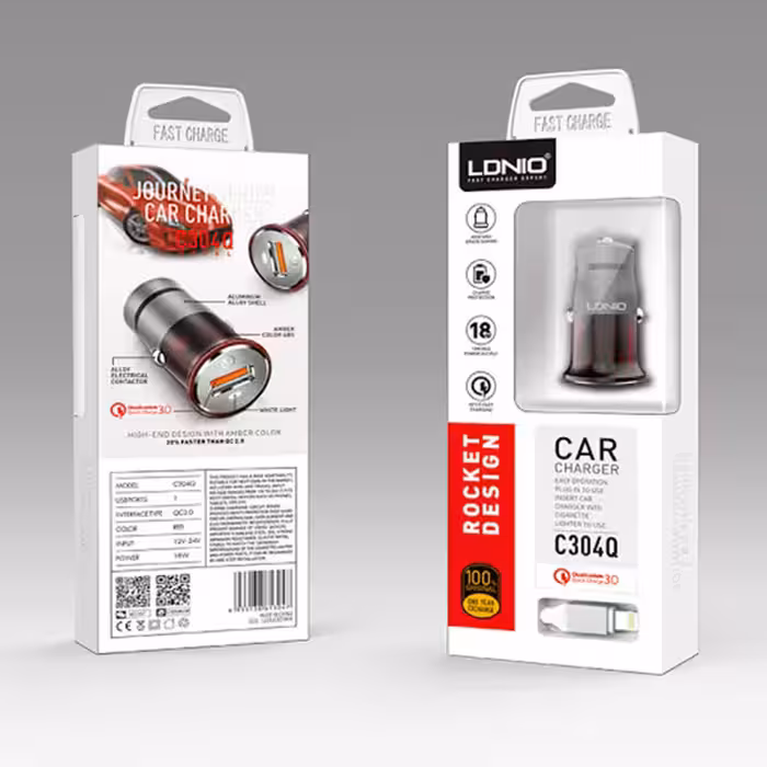 شارژر فندکی الدینیو مدل C304Q به همراه کابل تبدیل USB-C