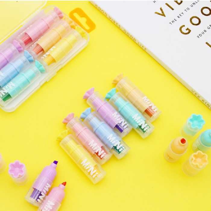 مینی هایلایتر 6 رنگ طرح شکلات  مینی هایلایتر بسته ای 6 عددی طرح شکلات ماژیک علامت زن ماژیک شبرنگ