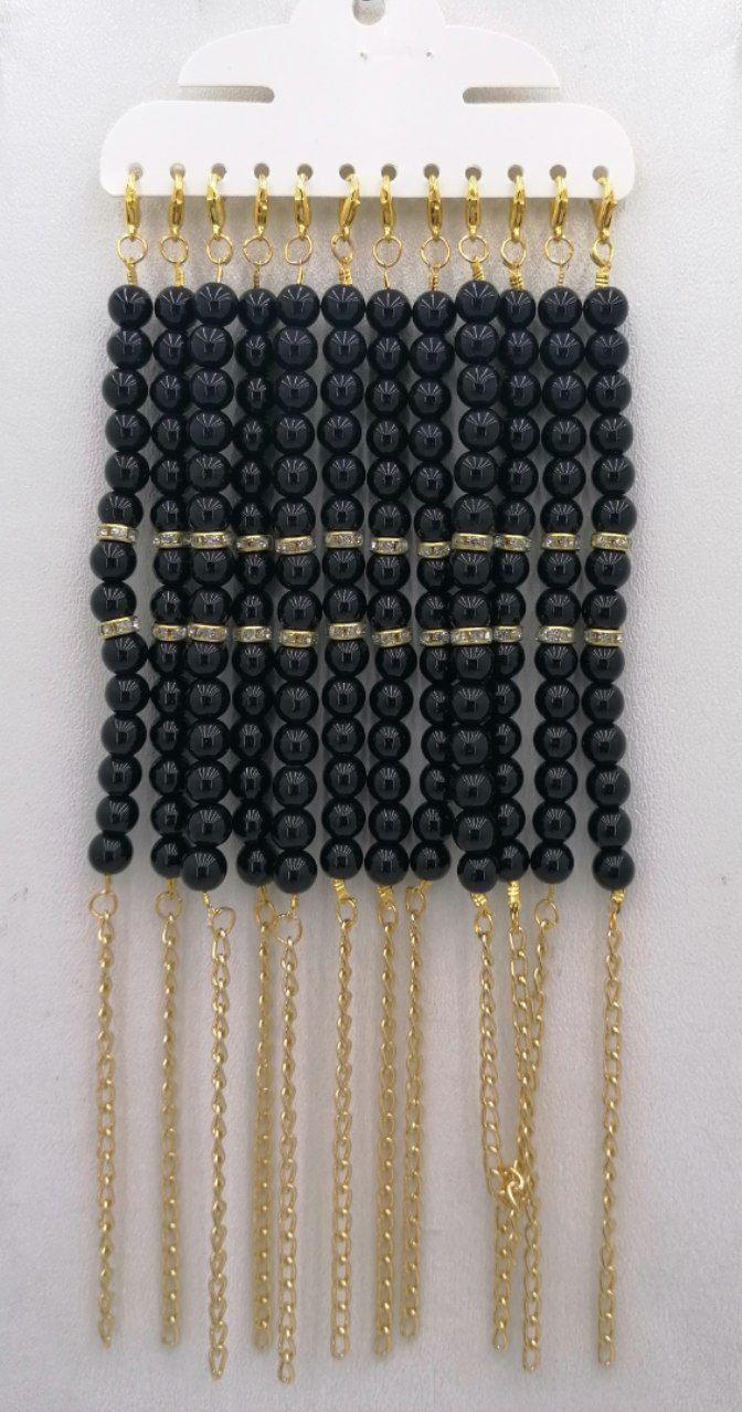 دستبند مهره مشکی براق 2 رج نگین