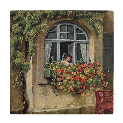 کاشی کارنیلا طرح بوته های گل و بانوی پشت پنجره کد wkk3859