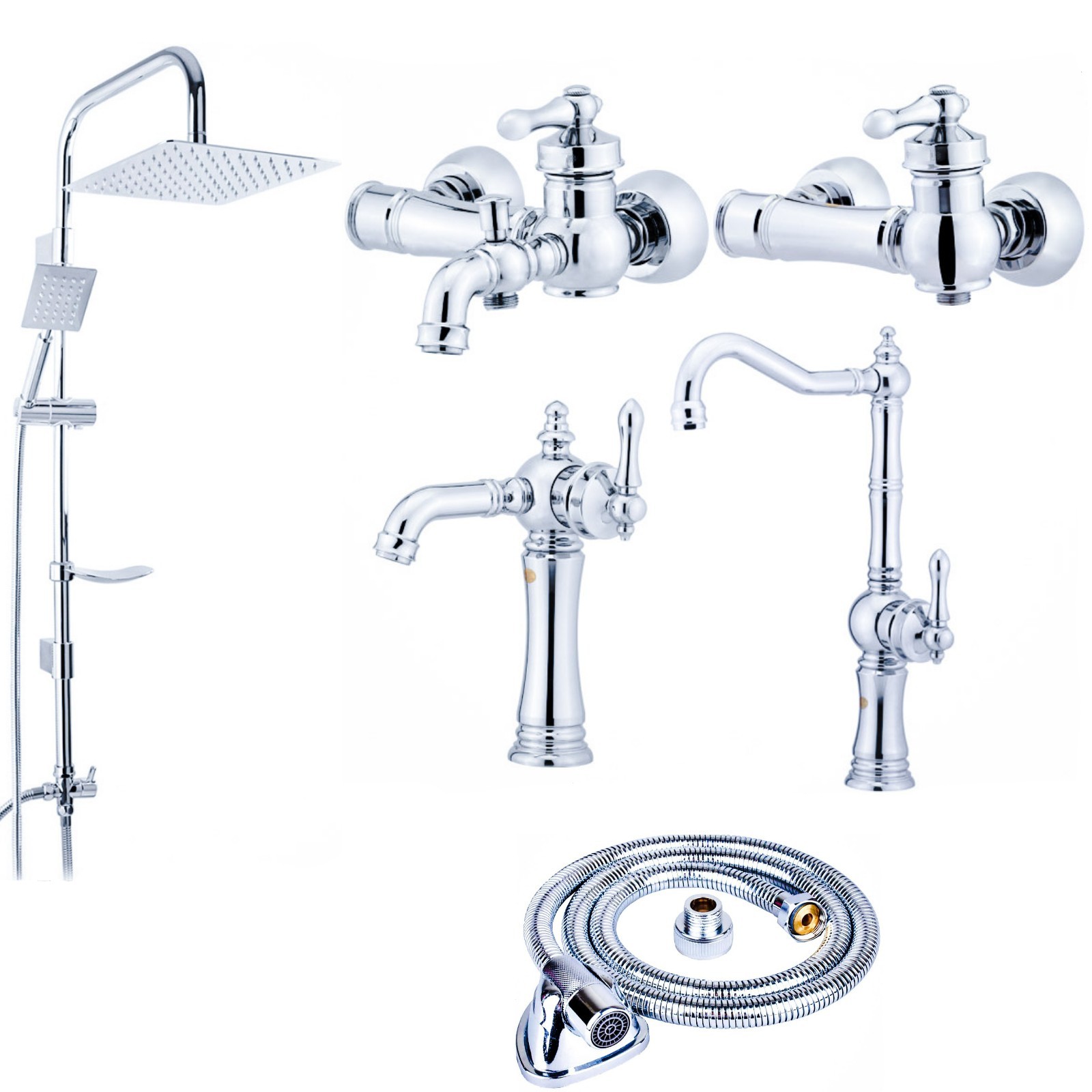 ست شیرالات رز مدل تینا رویال مجموعه 6 عددی رنگ کروم به همراه علم دوش حمام و شلنگ سرویس بهداشتی 