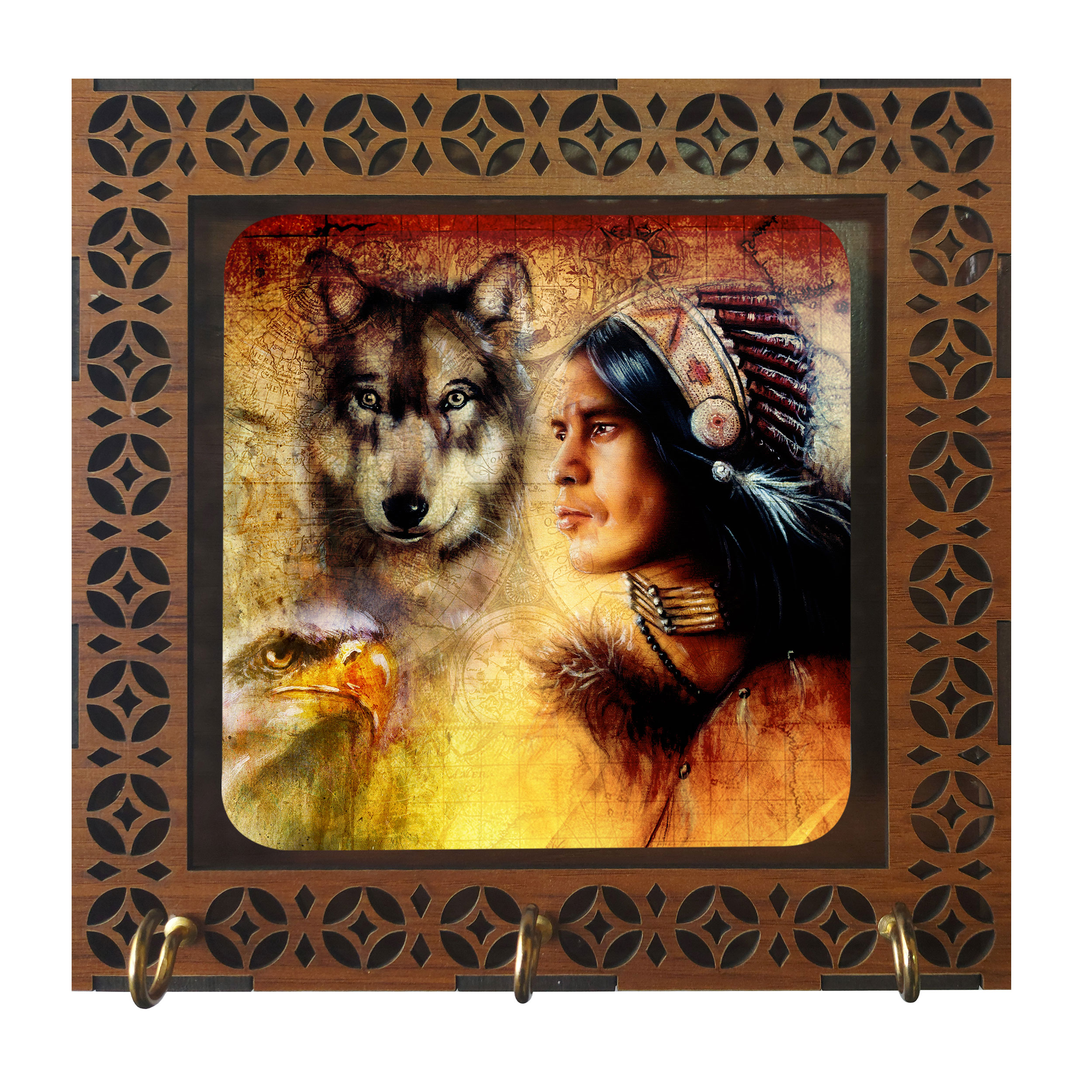 جاکلیدی مدل D1005 طرح نقاشی مرد سرخ پوست و گرگ