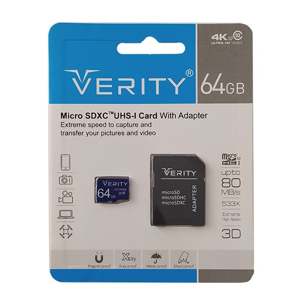 کارت حافظه Microsd 64G وریتی مدل U3/80m به همراه آداپتور
