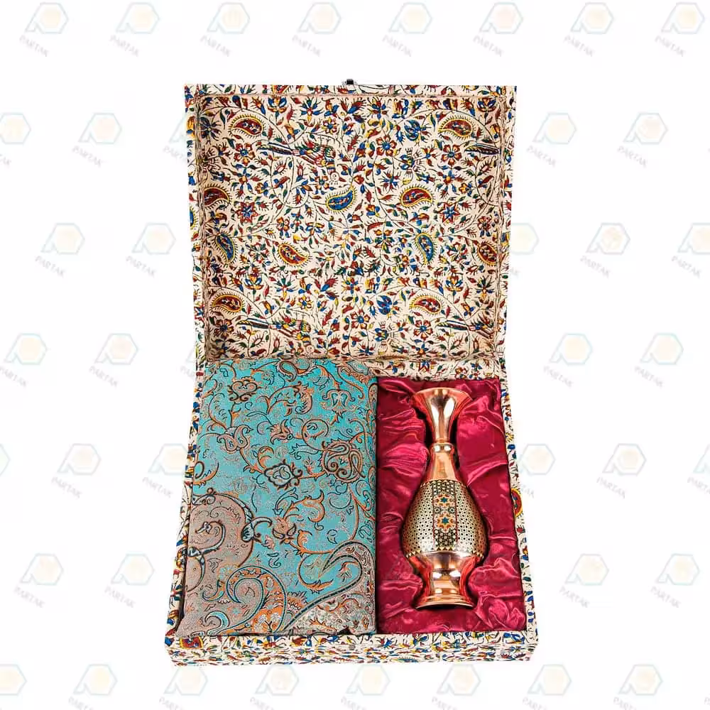 هدیه صنایع دستی گلدان مس و خاتم و ترمه