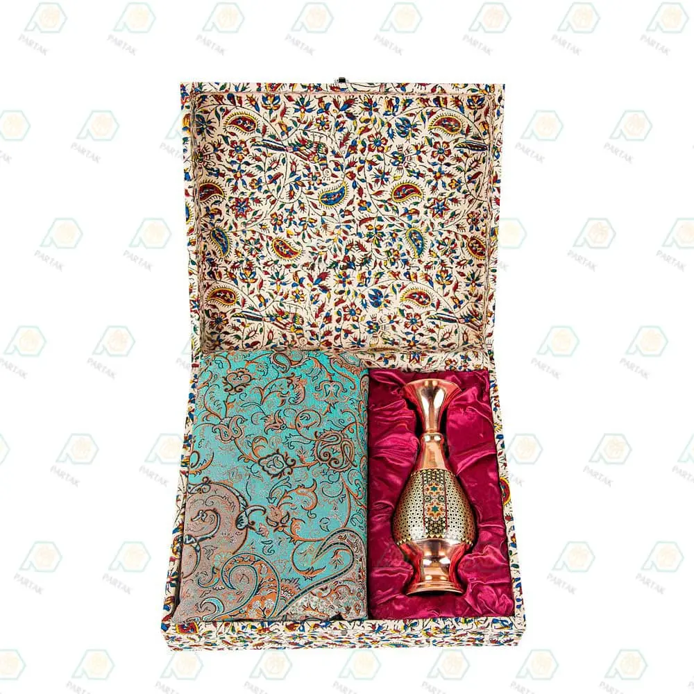 هدیه صنایع دستی گلدان مس و خاتم و ترمه
