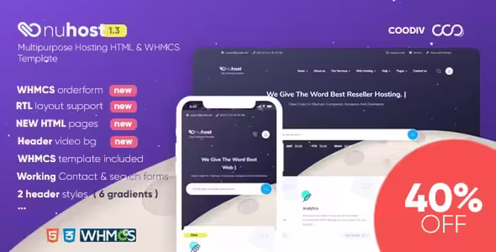 دانلود قالب WHMCS و اچ تی ام ال Nuhost