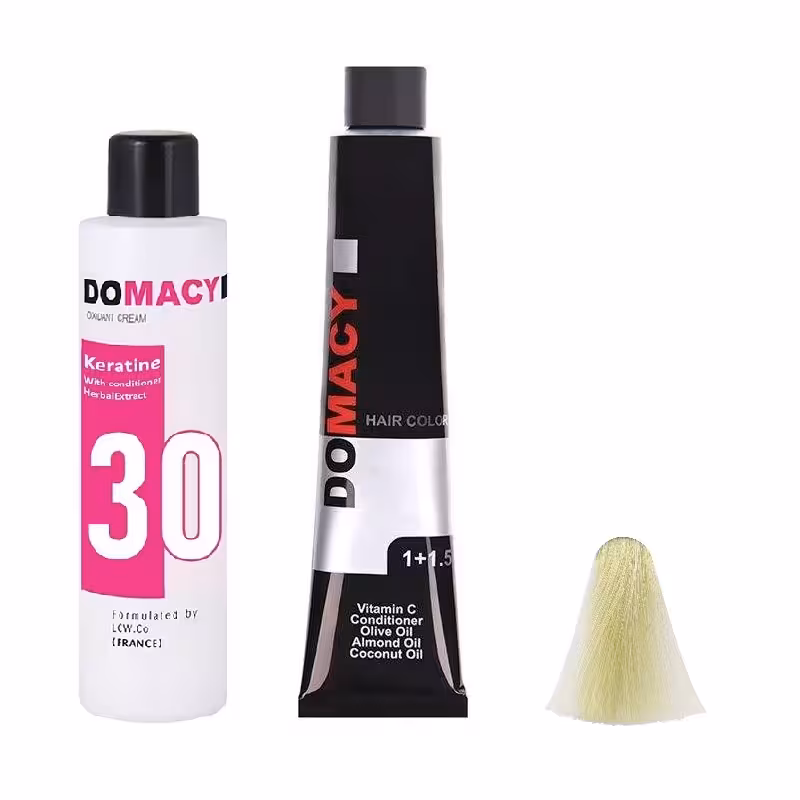 رنگ مو دوماسی شماره 12.8 حجم 120 میلی لیتر رنگ بلوند زیتونی خیلی روشن به همراه اکسیدان کد 02 نه درصدی حجم 180 میلی لیتر 