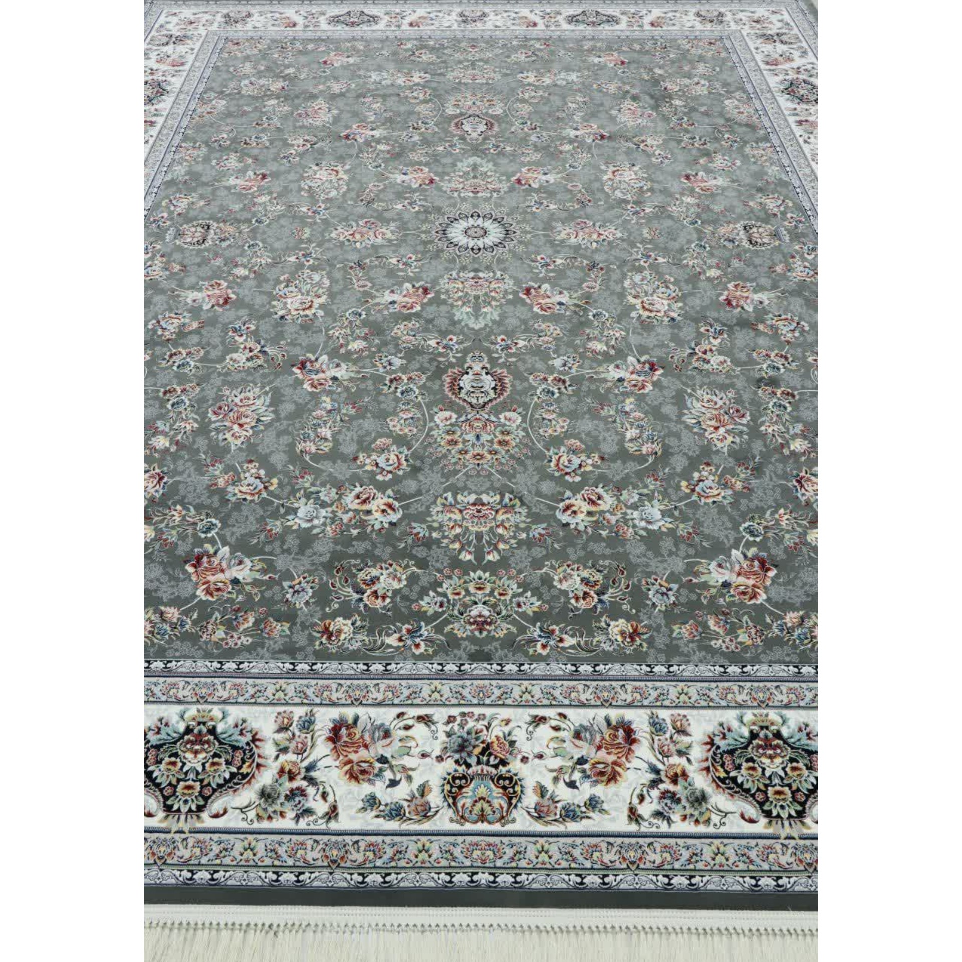فرش ماشینی 1200 شانه اصل تراکم 3600 طرح زریسان زمینه دودی 12 متری جنس اکرولیک یا اکریلیک