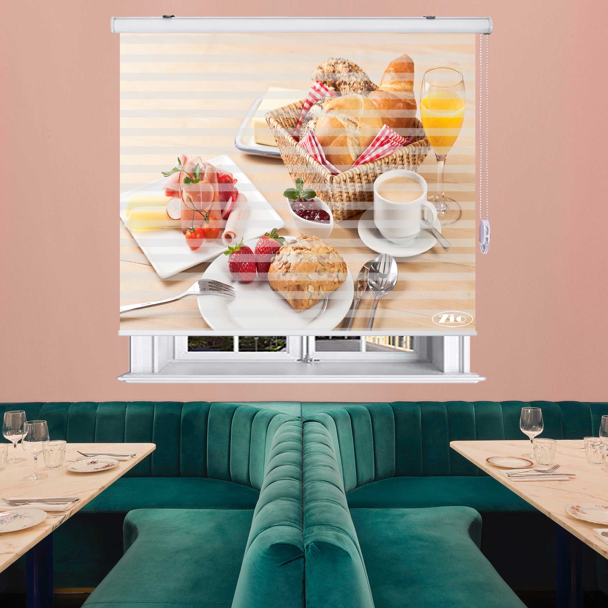  پرده زبرا زیو طرح صبحانه کد B10 سایز 150x150 سانتی متر