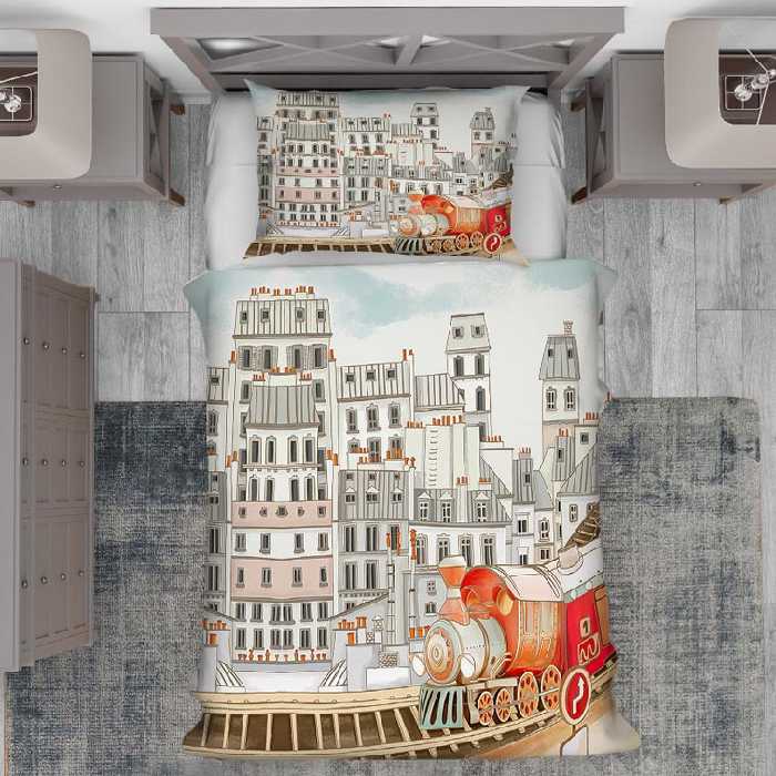 روتختی کودکانه طرح گرافیکی قطار و ساختمان PK-4762