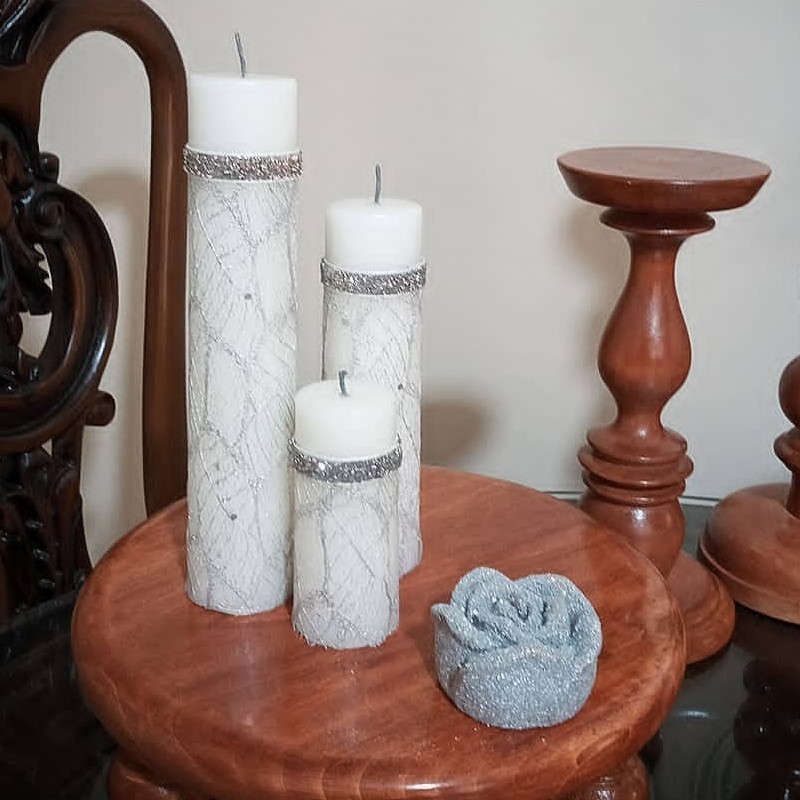 شمع 4 عددی نقره ای (استوانه و گل)  