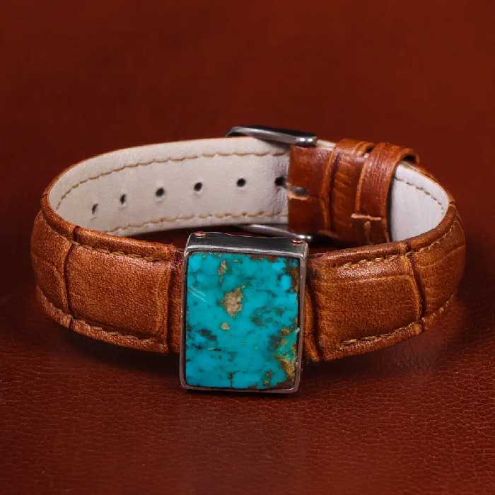 دستبند چرم فیروزه کد 22973 - جواهری مشاهیر
