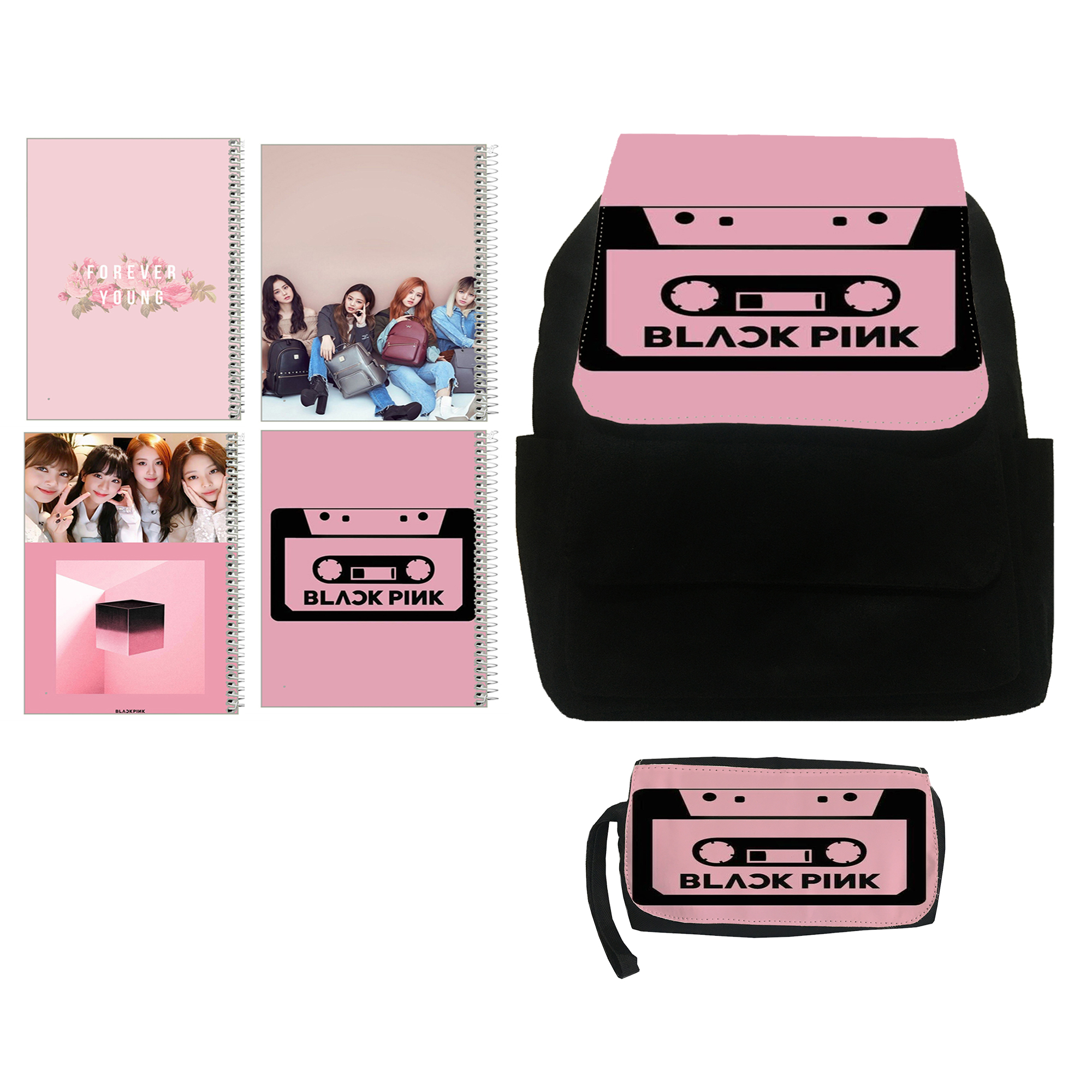  کوله پشتی مدل بلک پینک کد kj35 به همراه جامدادی و دفتر مشق مجموعه 4 عددی