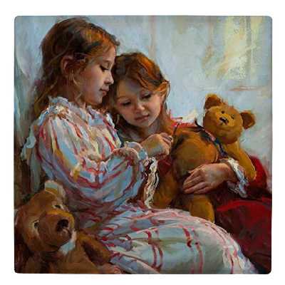  کاشی کارنیلا طرح نقاشی دختر بچه ها و خرس عروسکی کد wk4907