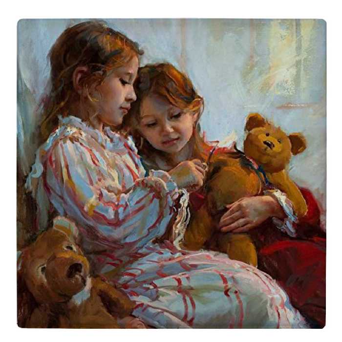  کاشی کارنیلا طرح نقاشی دختر بچه ها و خرس عروسکی کد wk4907