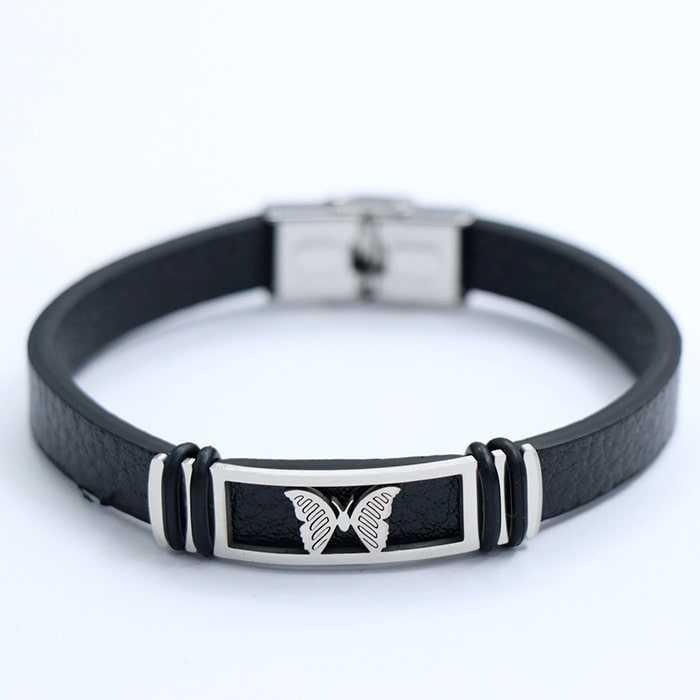 دستبند چرم و استیل طرح پروانه نقره ای 71520