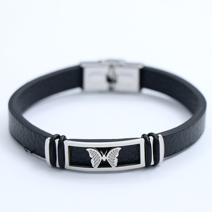 دستبند چرم و استیل طرح پروانه نقره ای 71520