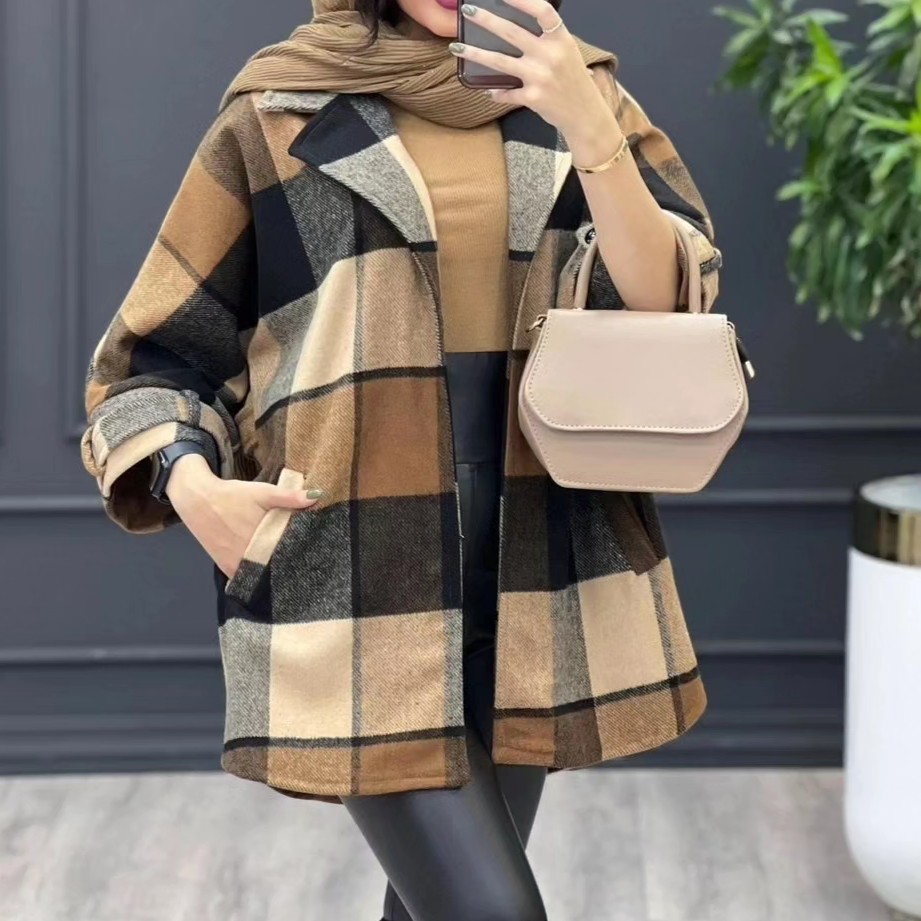 پالتو چهار خونه پشمی رنگ بندی جذاب جلو باز