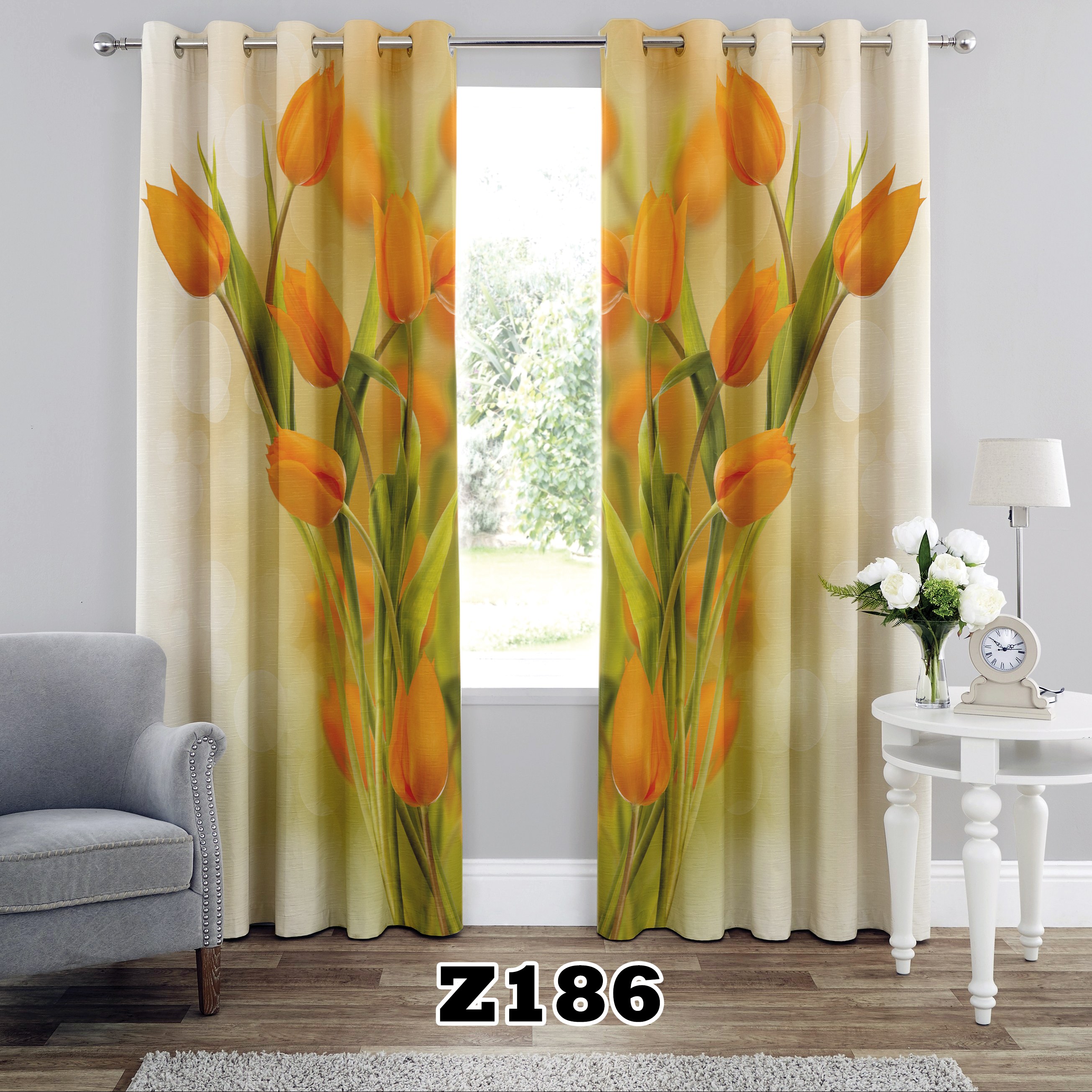پرده چاپی طرح لاله کد Z186 تک قواره ارتفاع 300 عرض 140 سانت