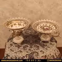 ست پذیرایی میوه خوری برنز و شیرینی خوری برنز طرح برگ مو رنگ کرم کد 5702