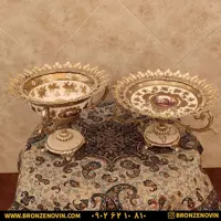 ست پذیرایی میوه خوری برنز و شیرینی خوری برنز طرح برگ مو رنگ کرم کد 5702