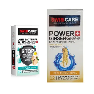 کاندوم سوئیس کر مدل ANTI BACTERIAL بسته 12 عددی  به همراه کاندوم سوئیس کر مدل Gensing بسته 12 عددی