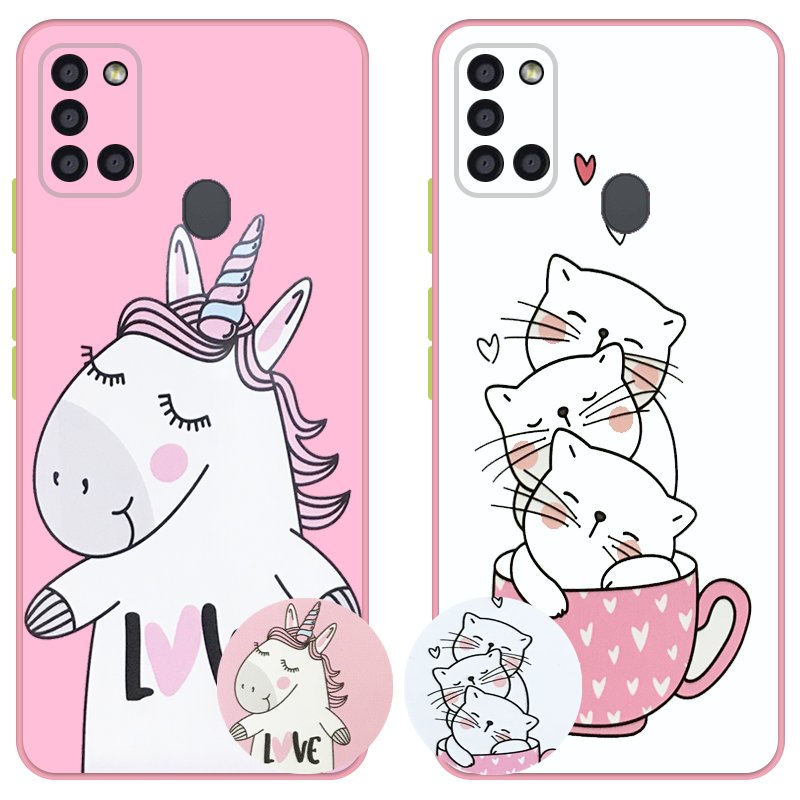 کاور عروسکی دکمه رنگی دخترانه مناسب برای گوشی Samsung Galaxy A21S مدل محافظ لنزدار به همراه پاپ سوکت طرح کیتی و اسب تک شاخ Unicorn And Kitty Case