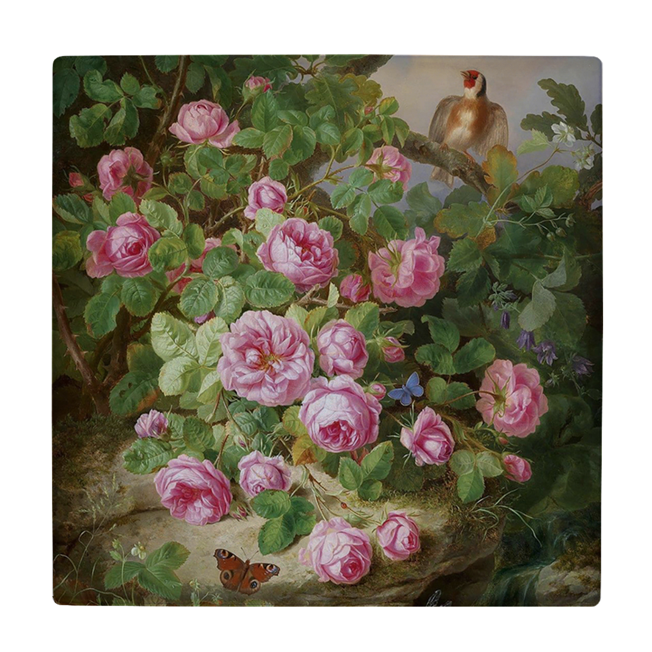 کاشی کارنیلا طرح رزهای صورتی، پروانه و پرنده مدل لوحی کد WKB752 