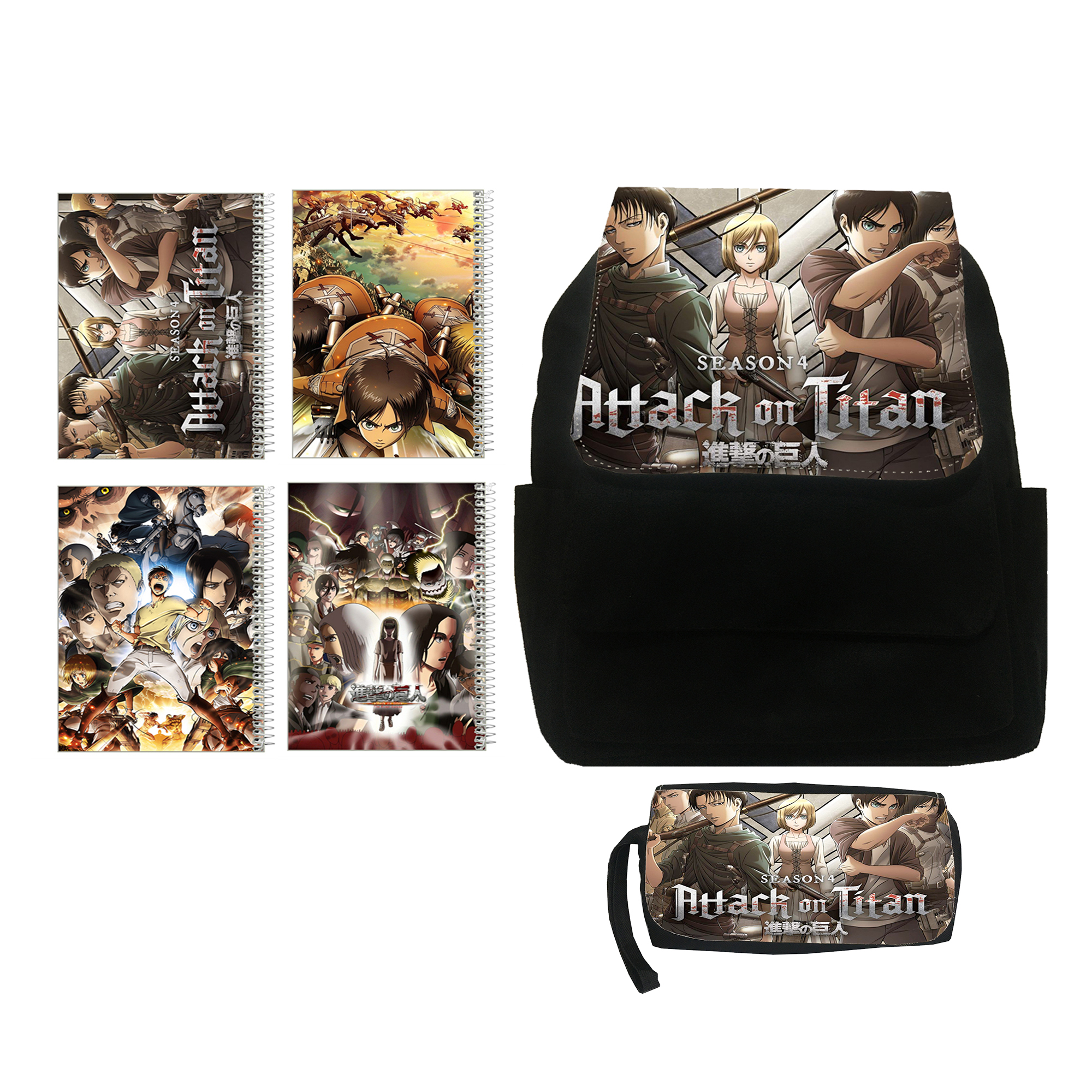 کوله پشتی مدل انیمه تایتان کد kj12 به همراه جامدادی و دفتر مشق 4 عددی