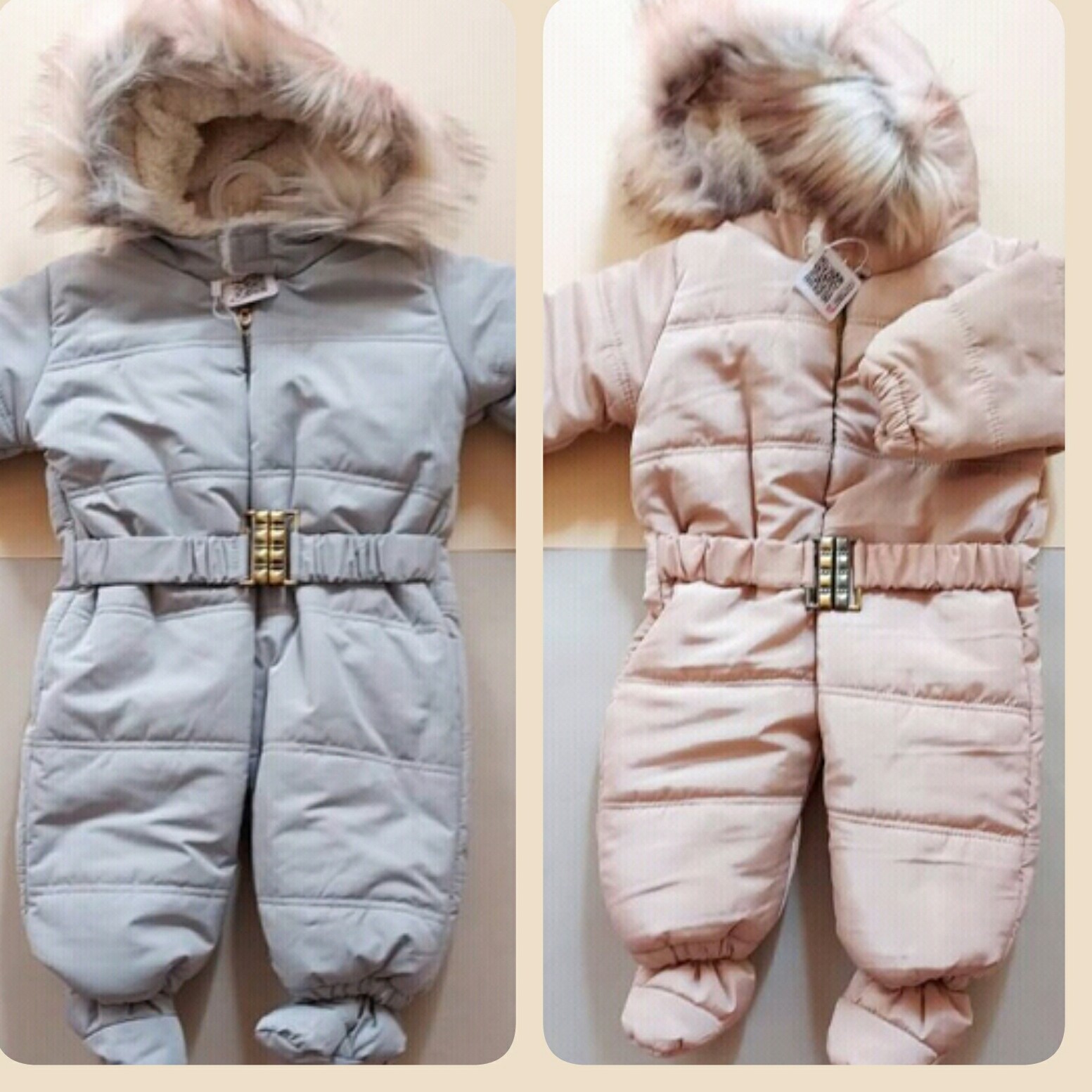 کاپشن سرهمی نوزادی کمر بند دار ضد اب. گرم و نرم و لطیف و زیبا. دستکش کلاه پاپوش هم داره. مناسب 3 ماه تا دو سال. 