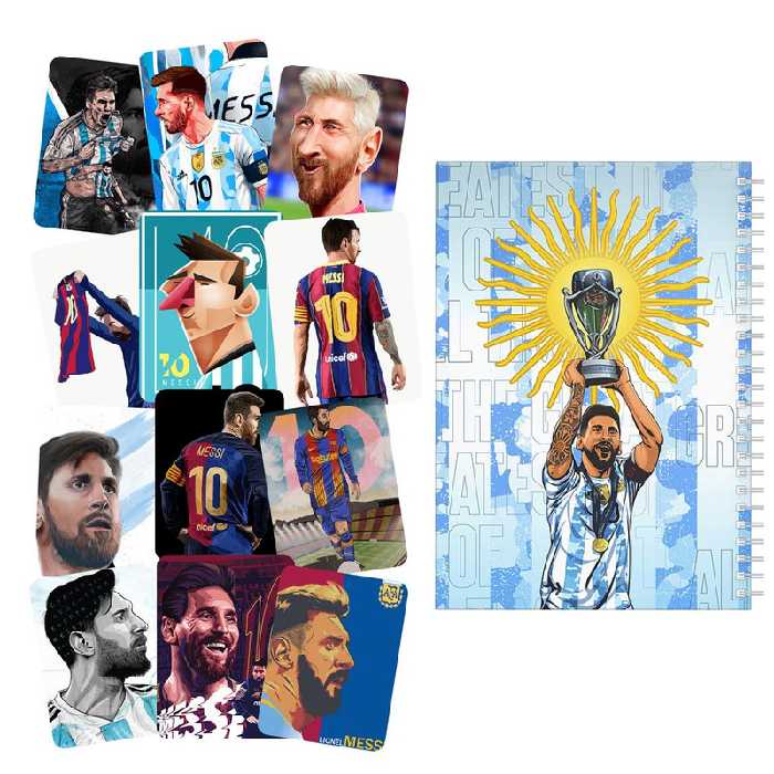 دفتر نقاشی باژیکان طرح فوتبالی مسی کد 20100577 به همراه استیکر لپ تاپ مجموعه 12 عددی