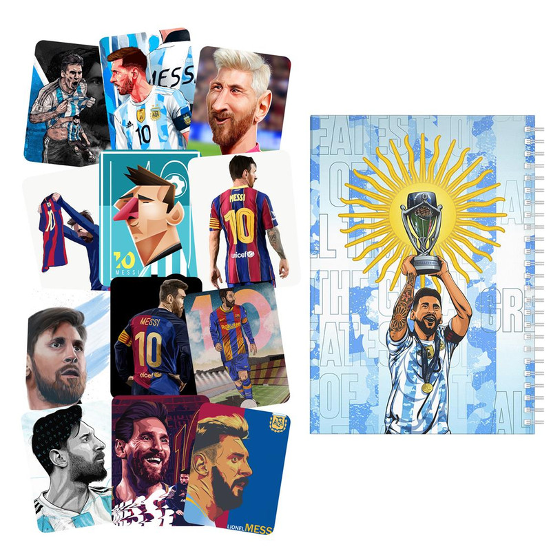 دفتر نقاشی باژیکان طرح فوتبالی مسی کد 20100577 به همراه استیکر لپ تاپ مجموعه 12 عددی