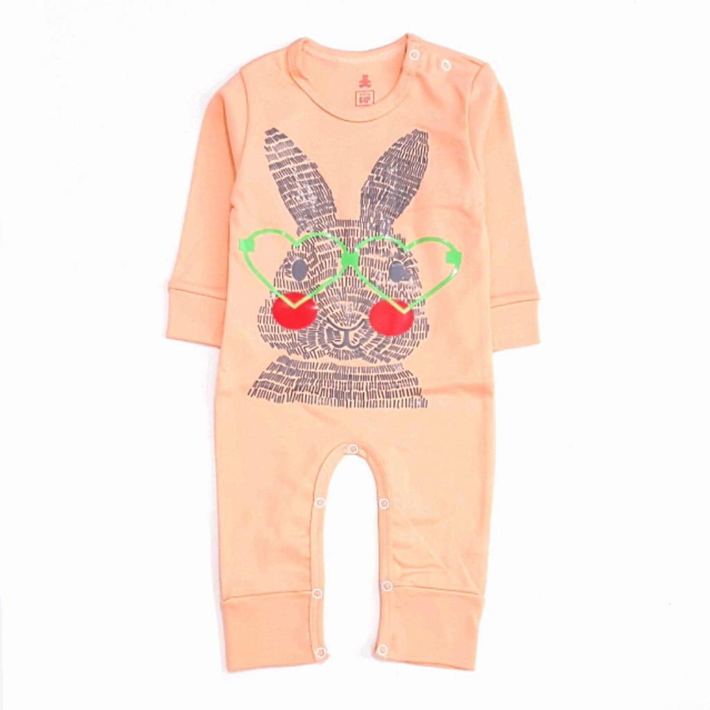سرهمی پنبه درجه یک برند Baby Gap دخترانه گلبهی طرح خرگوش سایز صفر و یک زیردکمه دار آستین بلند نوزادی رامپر سرهمی پنبه ای