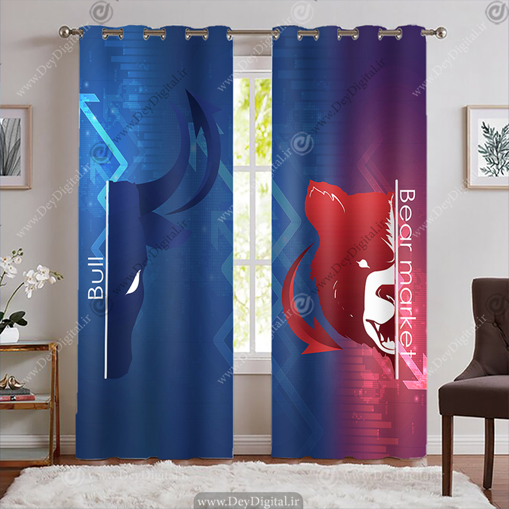 پرده طرح گاو و خرس ارز دیجیتال با زمینه سرمه ای و قرمز BA-8262-s