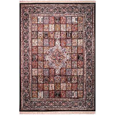 فرش ماشینی زمرد مشهد طرح خشتی مدل ترنج زمینه سورمه ای