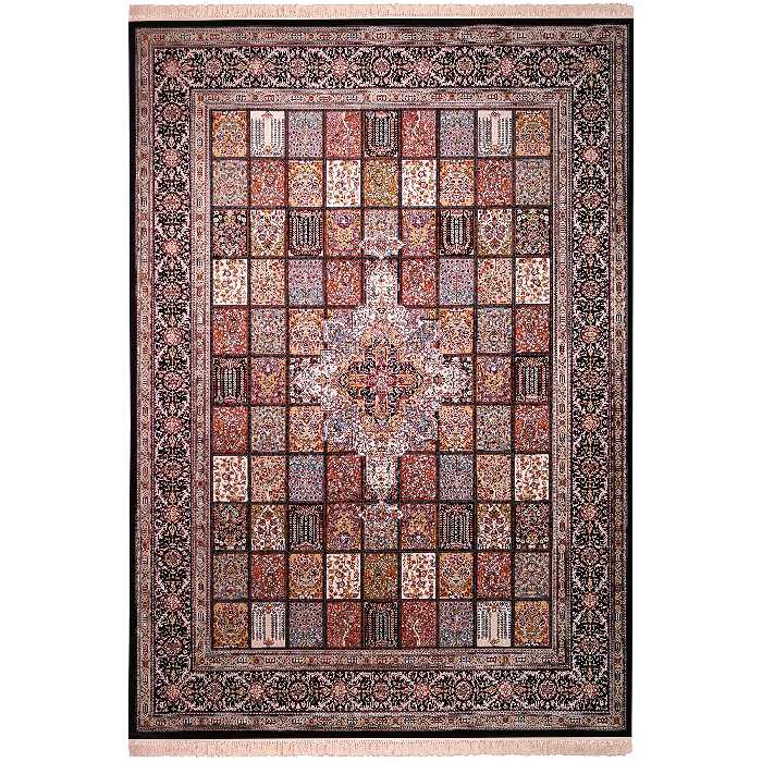 فرش ماشینی زمرد مشهد طرح خشتی مدل ترنج زمینه سورمه ای