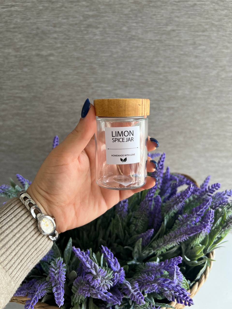 جای ادویه و ادویه پاش شیشه ای درب چوبی لیمون کد 2382
