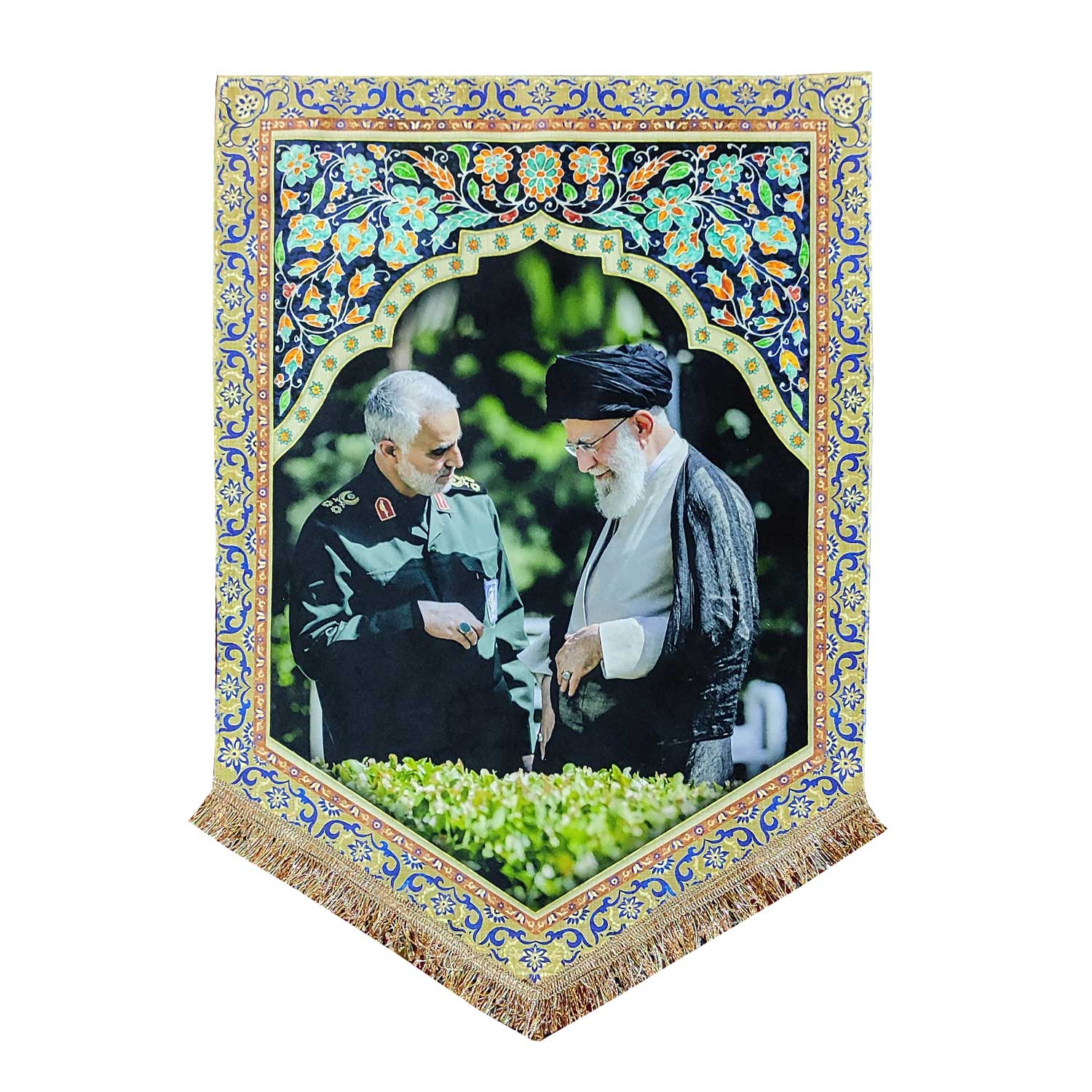 پرچم مدل مذهبی طرح حضرت آیت الله خامنه ای و حاج قاسم سلیمانی
