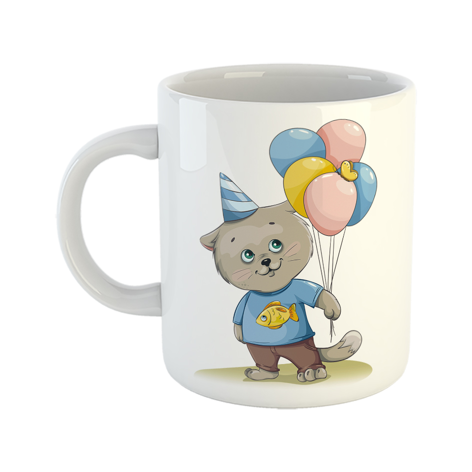 ماگ طرح گربه و ماهی مدل بادکنک‌های رنگی