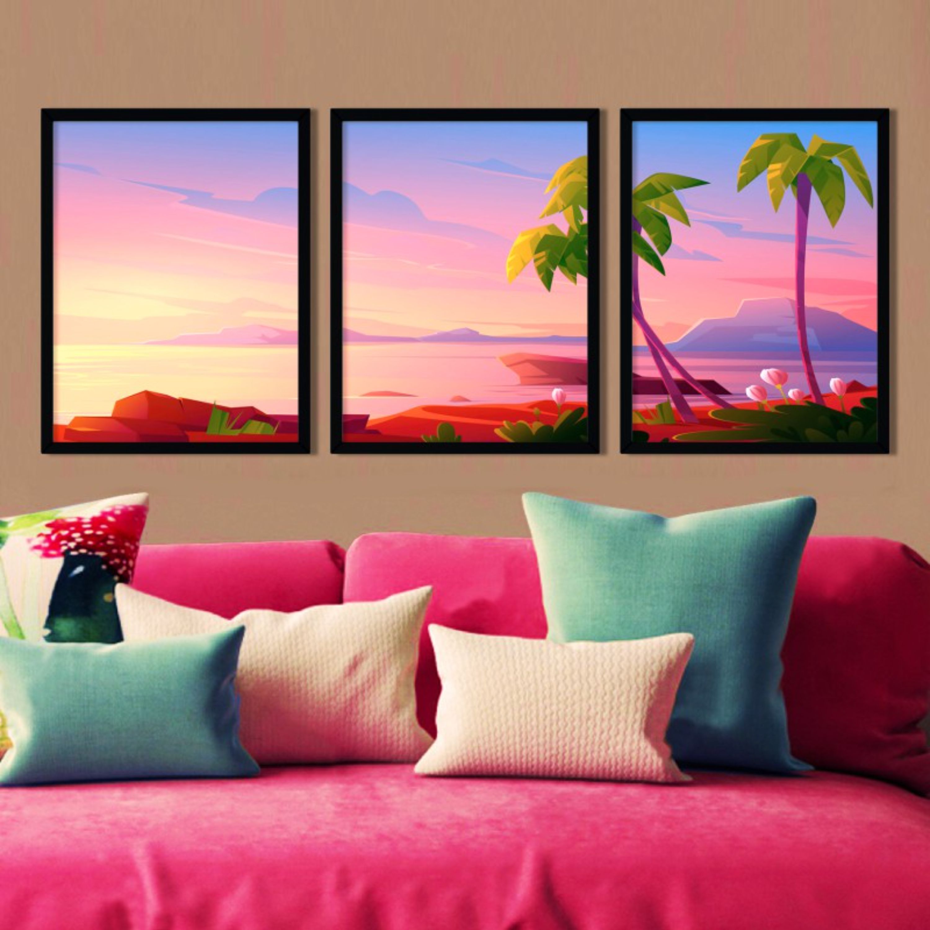 تابلو دکوراتیو گرافیکی غروب خورشید در ساحل مجموعه 3 عددی سایز 30 در 40