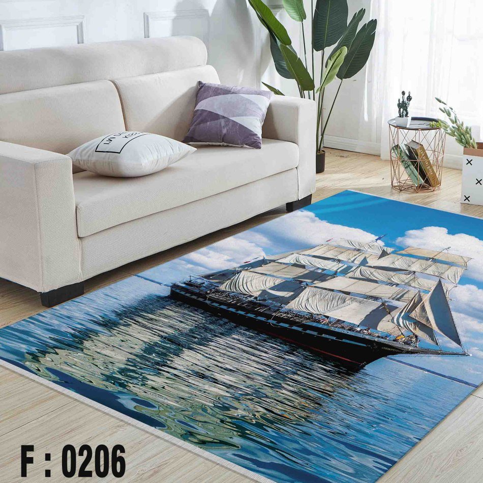 فرشینه مخمل لایکتیک سه لایه سایز 100 در 140 طرح کشتی _ ابر _ آب کدF:0206
