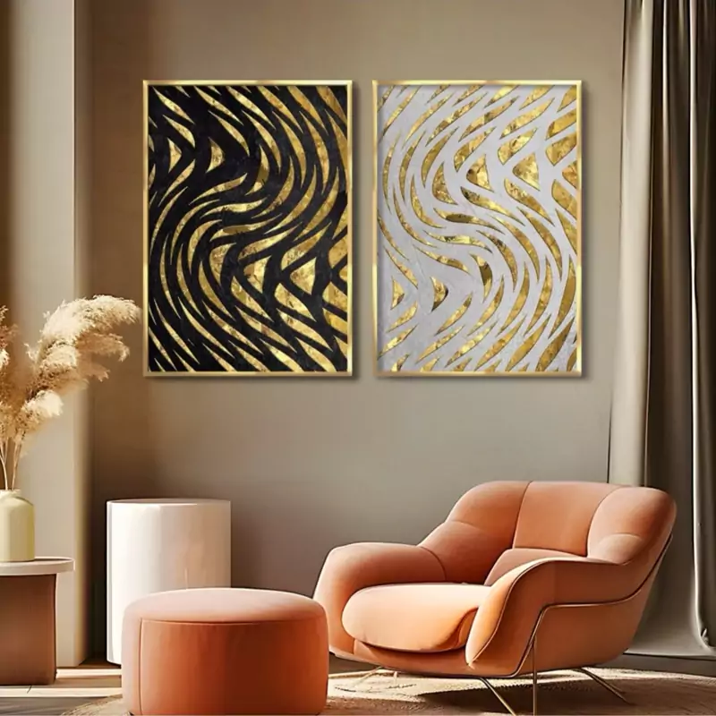 تابلو دکوراتیو مدرن آبستره طلایی دو تیکه | دنیای قاب
