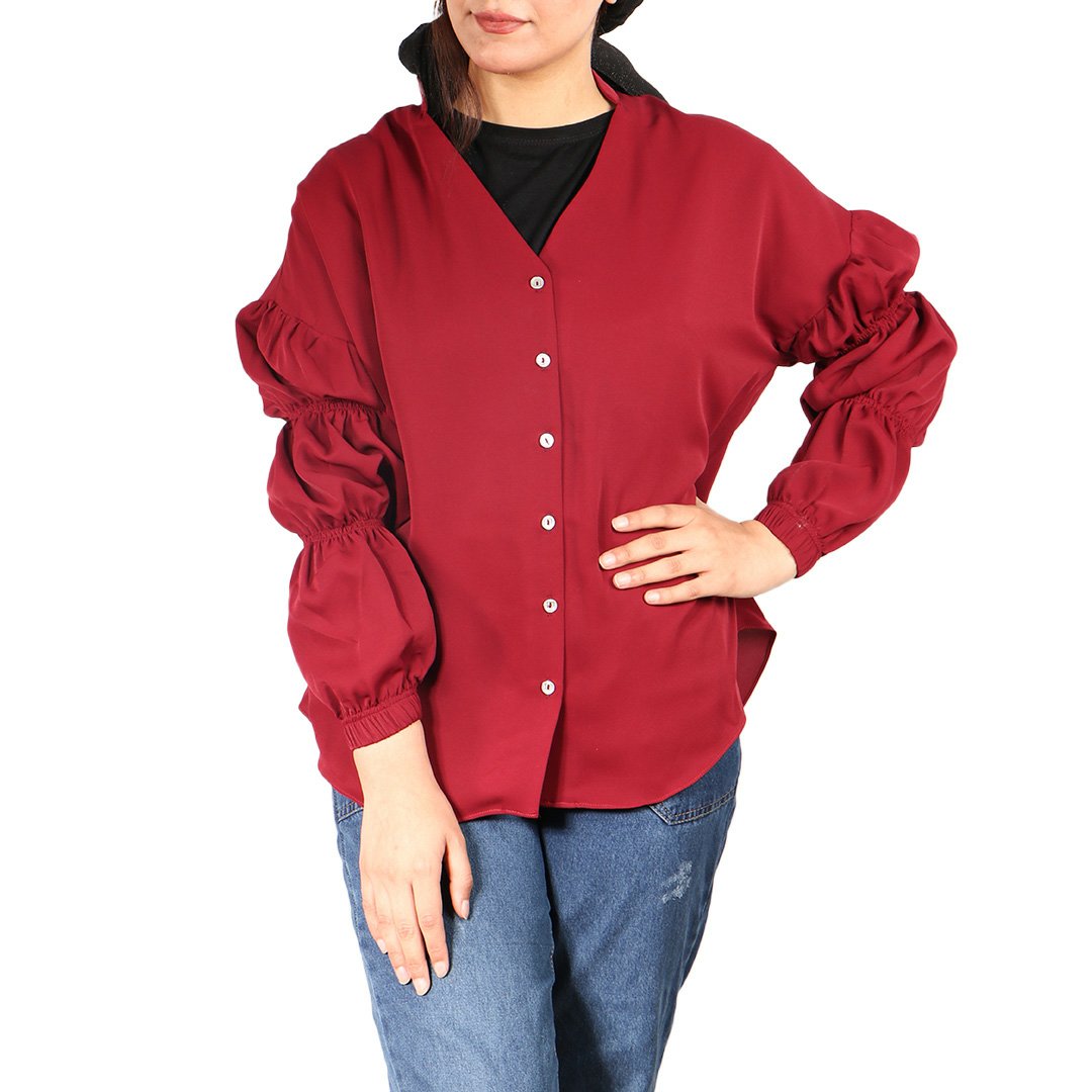 شومیز زنانه مدل آستین پف زرشکی