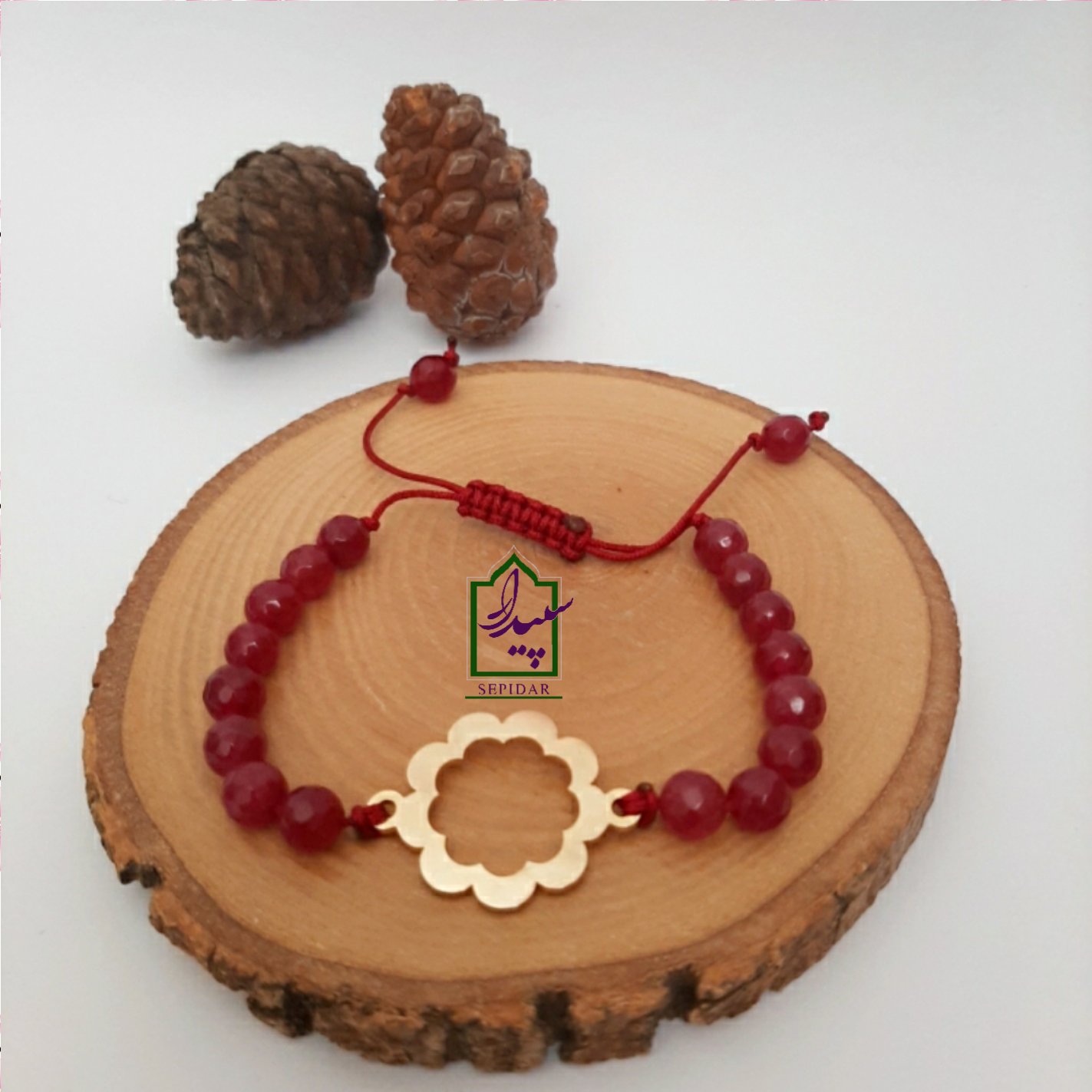 دستبند پلاک استیل گل و سنگ عقیق قرمز