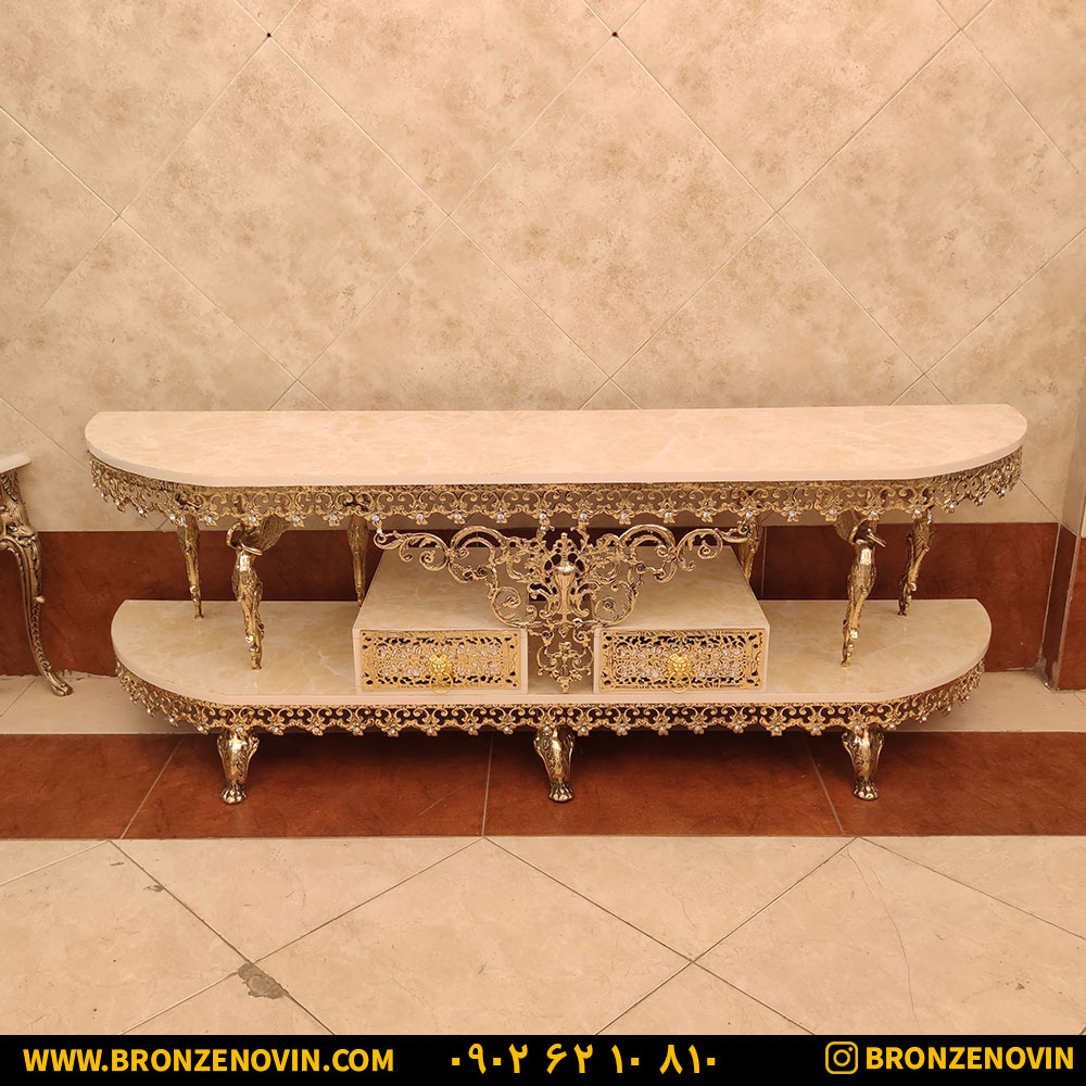 میز تلویزیون برنز مدل گل نقلی 6 ستون فرشته طول 160 کد 9302