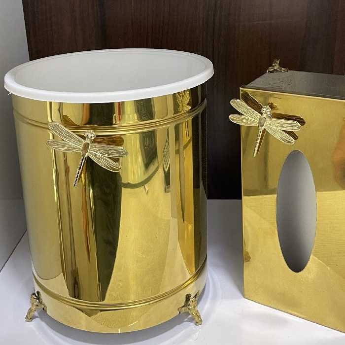 سطل و جا دستمال استیل در رنگ طلایی