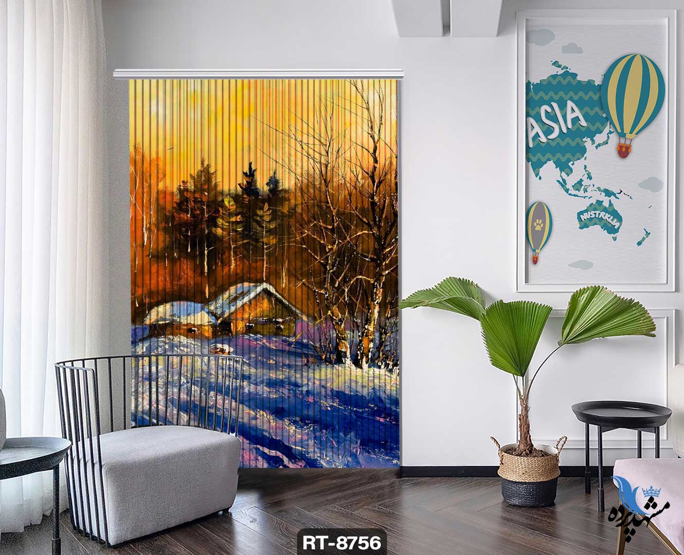 پرده شرشره تصویری طرح نقاشی کلبه زمستانی RT8756