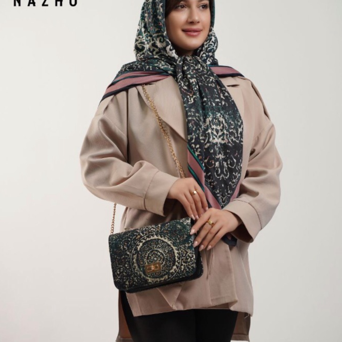 ست کیف و روسری سبز تیره طرحدار سنتی